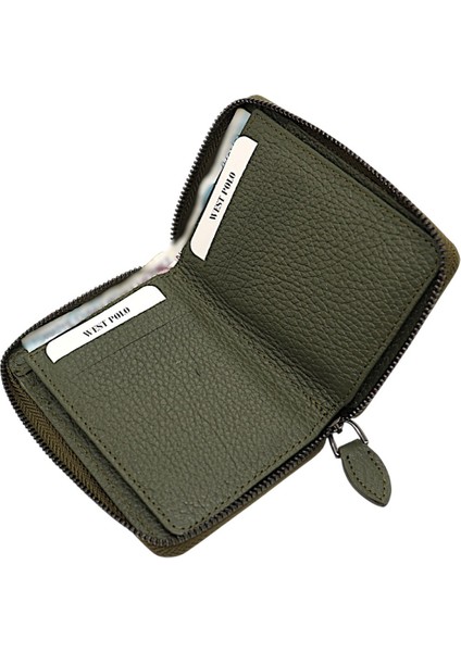 Hakiki Deri Kağıt Para ve Bol Kart Bölmeli Fermuarlı Unisex Cüzdan - Haki fırsatları