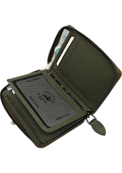 Hakiki Deri Kağıt Para ve Bol Kart Bölmeli Fermuarlı Unisex Cüzdan - Haki indirimleri