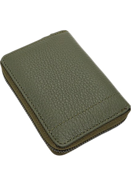 Hakiki Deri Kağıt Para ve Bol Kart Bölmeli Fermuarlı Unisex Cüzdan - Haki