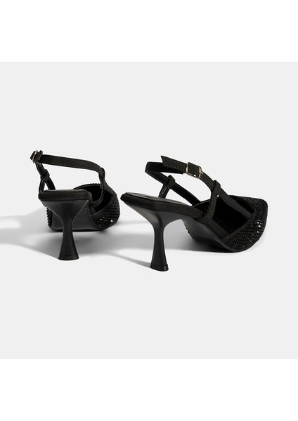Kadın Siyah Ayarlanabilir Metal Tokalı Taşlı Abiye Ayakkabı