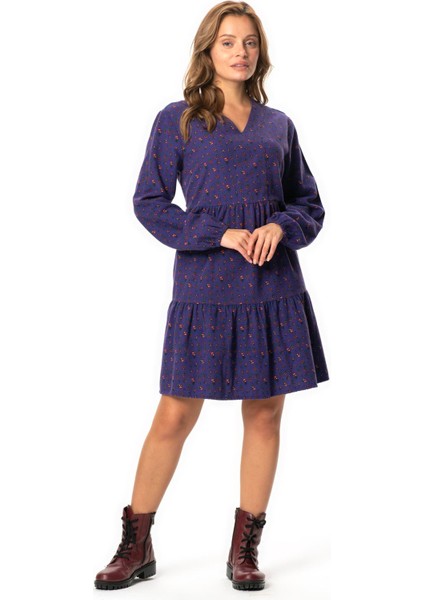 Uzun Kol Alara Çiçek Desenli V Yaka Pazen Kısa Kışlık Elbise Mor Mor