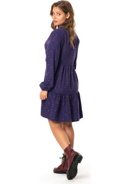 Uzun Kol Alara Çiçek Desenli V Yaka Pazen Kısa Kışlık Elbise Mor Mor fiyatları