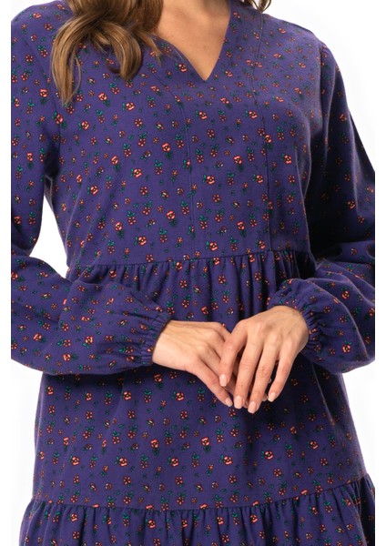 Uzun Kol Alara Çiçek Desenli V Yaka Pazen Kısa Kışlık Elbise Mor Mor modelleri