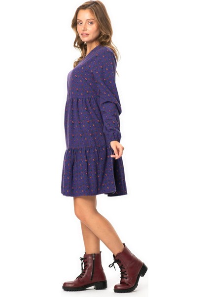 Uzun Kol Alara Çiçek Desenli V Yaka Pazen Kısa Kışlık Elbise Mor Mor fırsatları