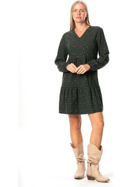 Uzun Kol Alara Çiçek Desenli V Yaka Pazen Kısa Kışlık Elbise Yeşil Ysl