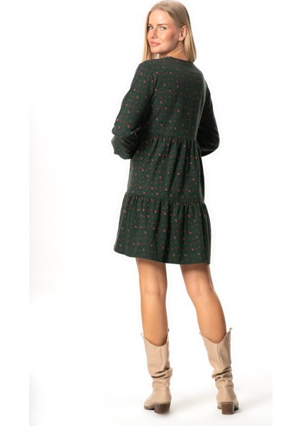 Uzun Kol Alara Çiçek Desenli V Yaka Pazen Kısa Kışlık Elbise Yeşil Ysl fiyatları