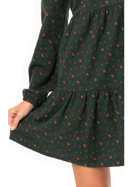 Uzun Kol Alara Çiçek Desenli V Yaka Pazen Kısa Kışlık Elbise Yeşil Ysl modelleri