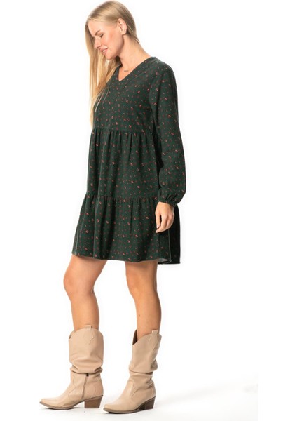 Uzun Kol Alara Çiçek Desenli V Yaka Pazen Kısa Kışlık Elbise Yeşil Ysl fırsatları