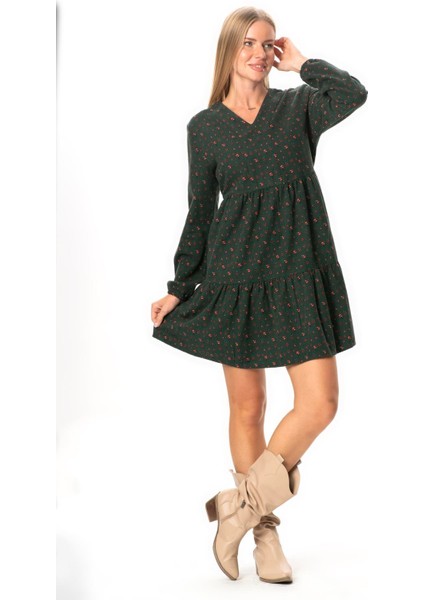 Uzun Kol Alara Çiçek Desenli V Yaka Pazen Kısa Kışlık Elbise Yeşil Ysl indirimleri