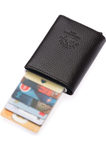 Mories Unisex Hakiki Guti Deri Kağıt Para Bölmeli ve Mekanizmalı Cüzdan Kartlık - Kahve