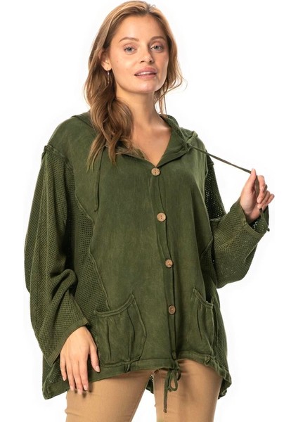 Uzun Kol Ceren Fileli Düğme Detaylı Çift Cepli Kışlık Kapüşonlu Triko Bluz Haki Hk