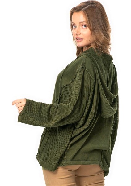Uzun Kol Ceren Fileli Düğme Detaylı Çift Cepli Kışlık Kapüşonlu Triko Bluz Haki Hk fiyatları