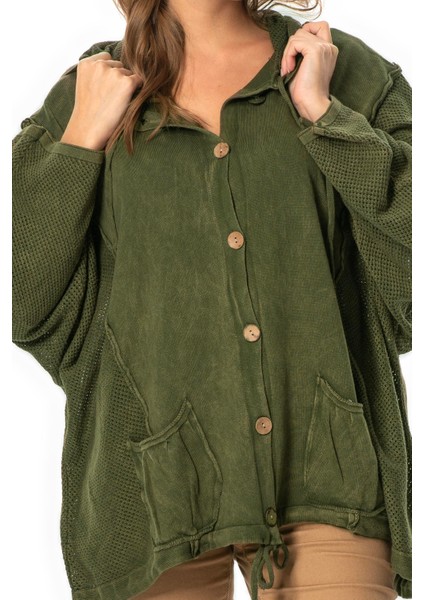 Uzun Kol Ceren Fileli Düğme Detaylı Çift Cepli Kışlık Kapüşonlu Triko Bluz Haki Hk modelleri