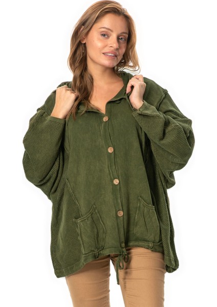 Uzun Kol Ceren Fileli Düğme Detaylı Çift Cepli Kışlık Kapüşonlu Triko Bluz Haki Hk fırsatları