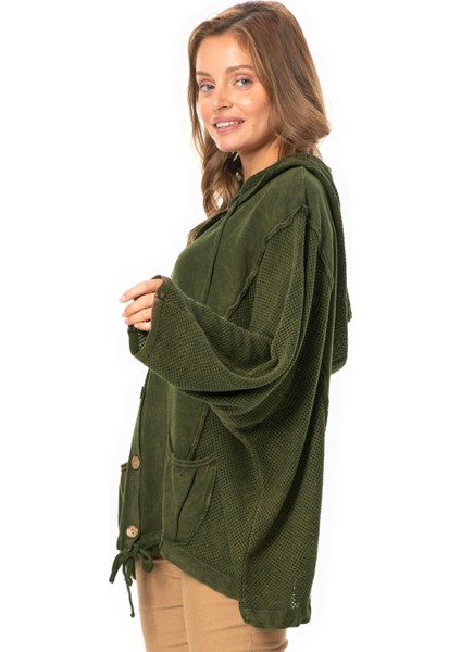 Uzun Kol Ceren Fileli Düğme Detaylı Çift Cepli Kışlık Kapüşonlu Triko Bluz Haki Hk indirimleri