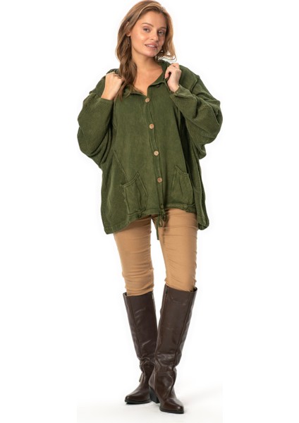 Uzun Kol Ceren Fileli Düğme Detaylı Çift Cepli Kışlık Kapüşonlu Triko Bluz Haki Hk