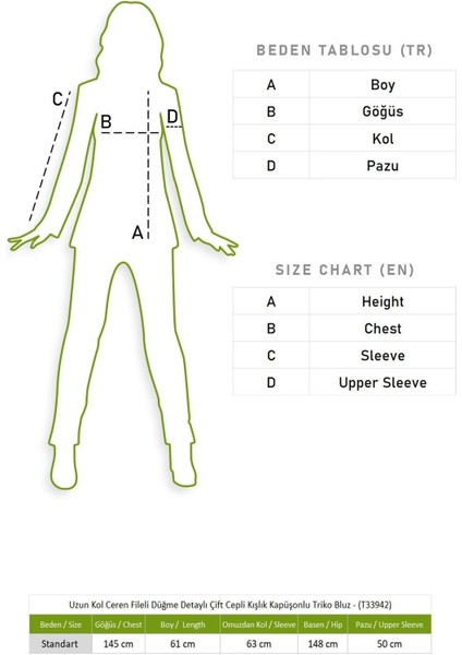 Uzun Kol Ceren Fileli Düğme Detaylı Çift Cepli Kışlık Kapüşonlu Triko Bluz Haki Hk
