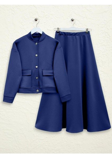 Çift Cepli Metal Düğmeli Etekli Scuba Takım