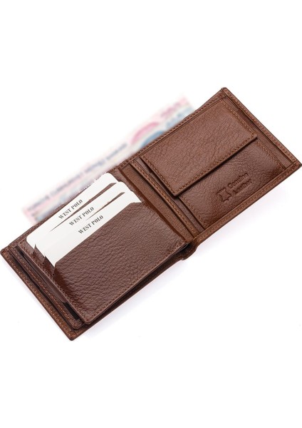 Hakiki Deri Kağıt Para, Bozuk Para ve Bol Kart Bölmeli Erkek Cüzdanı - Taba indirimleri