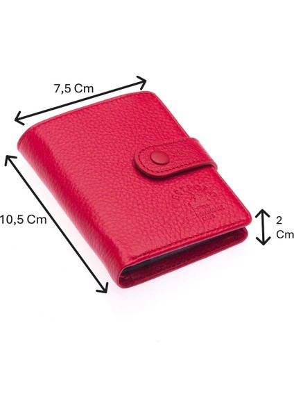 Hakiki Deri Kağıt Para ve Şeffaf Bol Kart Bölmeli Patlı Unisex Kartlık Cüzdan - Kırmızı