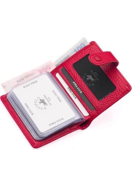 Hakiki Deri Kağıt Para ve Şeffaf Bol Kart Bölmeli Patlı Unisex Kartlık Cüzdan - Kırmızı modelleri