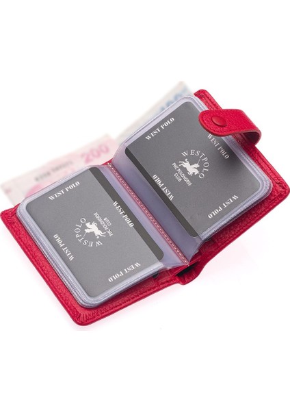 Hakiki Deri Kağıt Para ve Şeffaf Bol Kart Bölmeli Patlı Unisex Kartlık Cüzdan - Kırmızı fırsatları