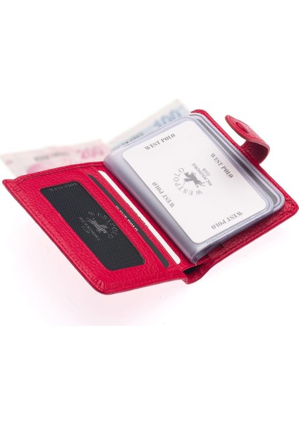 Hakiki Deri Kağıt Para ve Şeffaf Bol Kart Bölmeli Patlı Unisex Kartlık Cüzdan - Kırmızı indirimleri