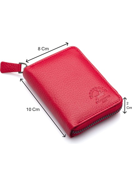 Hakiki Deri Bol Şeffaf Kart Bölmeli Fermuarlı Unisex Cüzdan - Kırmızı