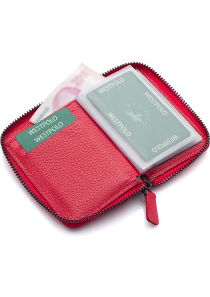 Hakiki Deri Bol Şeffaf Kart Bölmeli Fermuarlı Unisex Cüzdan - Kırmızı modelleri