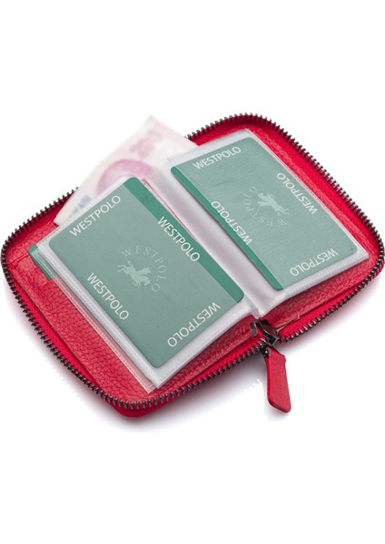 Hakiki Deri Bol Şeffaf Kart Bölmeli Fermuarlı Unisex Cüzdan - Kırmızı fırsatları