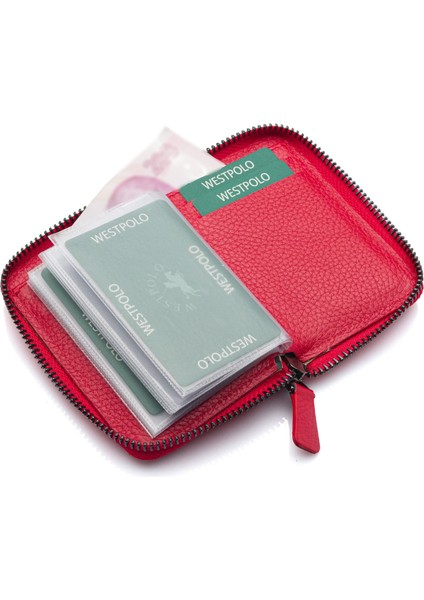 Hakiki Deri Bol Şeffaf Kart Bölmeli Fermuarlı Unisex Cüzdan - Kırmızı indirimleri