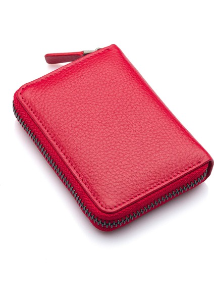 Hakiki Deri Bol Şeffaf Kart Bölmeli Fermuarlı Unisex Cüzdan - Kırmızı