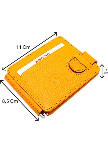 Hakiki Deri Çift Taraflı Kullanıma Uygun Kuşaklı Kağıt Para Klipsli Unisex Kartlık - Hardal
