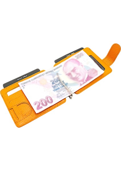 Hakiki Deri Çift Taraflı Kullanıma Uygun Kuşaklı Kağıt Para Klipsli Unisex Kartlık - Hardal fırsatları