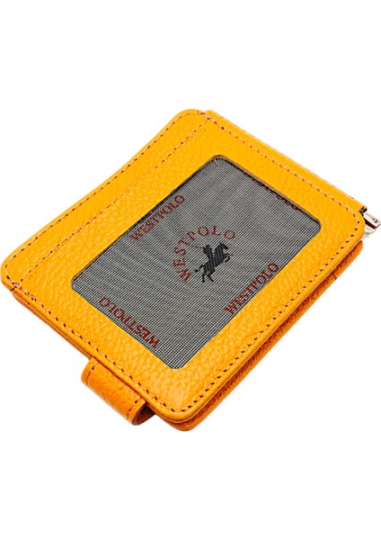 Hakiki Deri Çift Taraflı Kullanıma Uygun Kuşaklı Kağıt Para Klipsli Unisex Kartlık - Hardal indirimleri