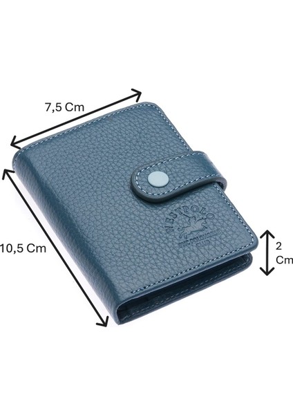 Hakiki Deri Kağıt Para ve Şeffaf Bol Kart Bölmeli Patlı Unisex Kartlık Cüzdan - Kot Mavi