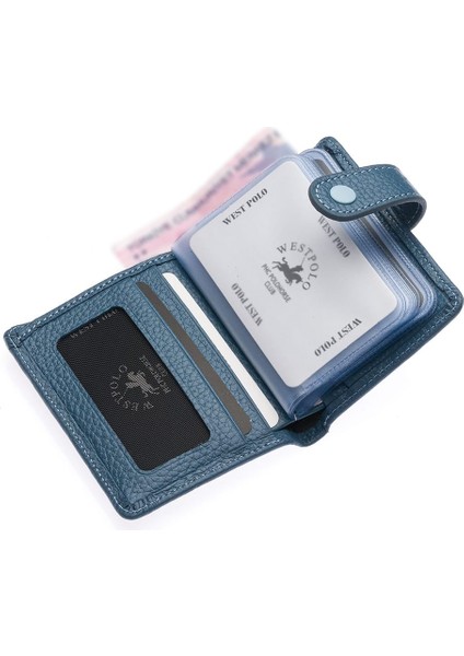 Hakiki Deri Kağıt Para ve Şeffaf Bol Kart Bölmeli Patlı Unisex Kartlık Cüzdan - Kot Mavi fırsatları