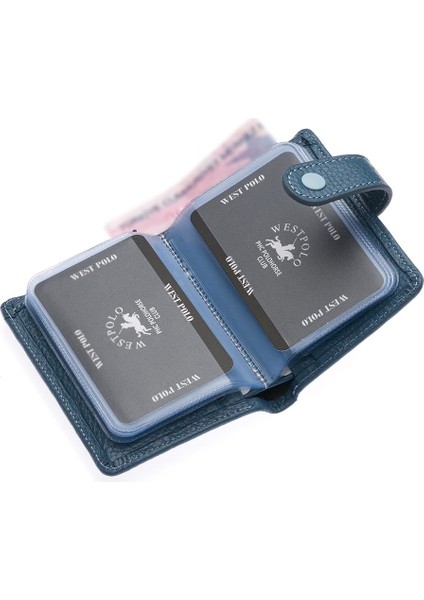 Hakiki Deri Kağıt Para ve Şeffaf Bol Kart Bölmeli Patlı Unisex Kartlık Cüzdan - Kot Mavi indirimleri