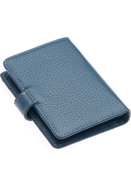 Hakiki Deri Kağıt Para ve Şeffaf Bol Kart Bölmeli Patlı Unisex Kartlık Cüzdan - Kot Mavi