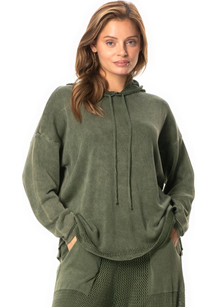 Uzun Kol Kapüşonlu Fileli Sonbahar ve Kışlık Triko Bluz Haki Hk