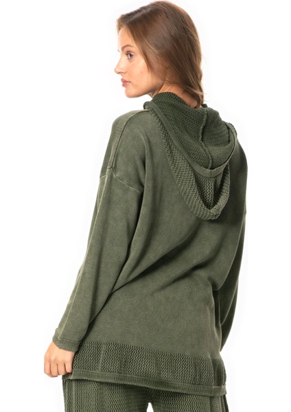 Uzun Kol Kapüşonlu Fileli Sonbahar ve Kışlık Triko Bluz Haki Hk fiyatları
