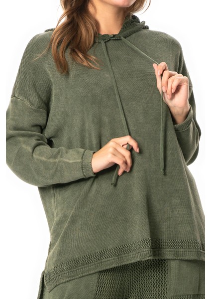 Uzun Kol Kapüşonlu Fileli Sonbahar ve Kışlık Triko Bluz Haki Hk modelleri