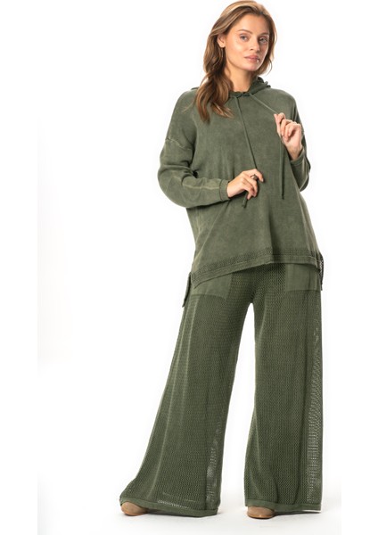 Uzun Kol Kapüşonlu Fileli Sonbahar ve Kışlık Triko Bluz Haki Hk fırsatları