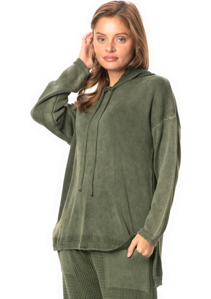 Uzun Kol Kapüşonlu Fileli Sonbahar ve Kışlık Triko Bluz Haki Hk indirimleri