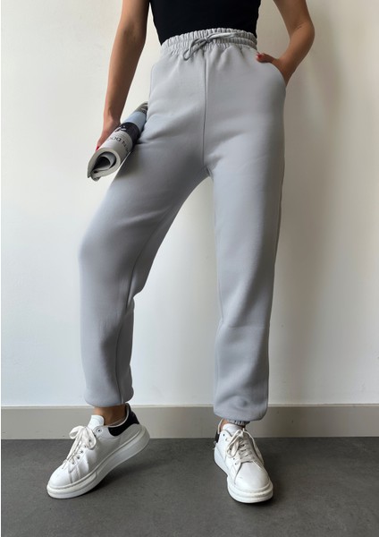 Kadın Gümüş Gri Kışlık Kalın Içi Polarlı Yüksek Bel Paçası Lastikli Basic Jogger Eşofman Altı