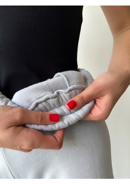 Kadın Gümüş Gri Kışlık Kalın Içi Polarlı Yüksek Bel Paçası Lastikli Basic Jogger Eşofman Altı fiyatları