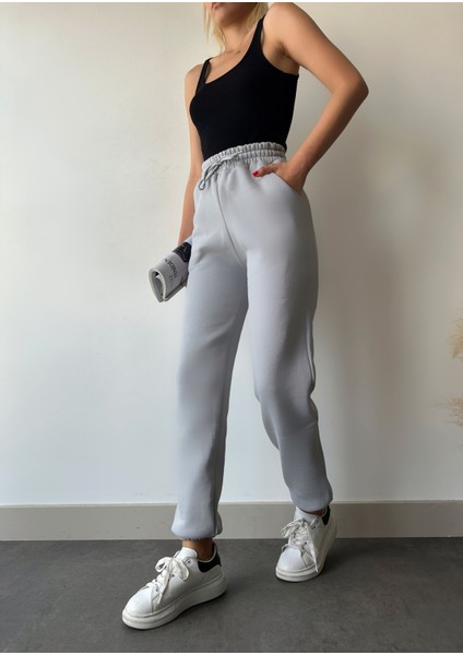 Kadın Gümüş Gri Kışlık Kalın Içi Polarlı Yüksek Bel Paçası Lastikli Basic Jogger Eşofman Altı modelleri