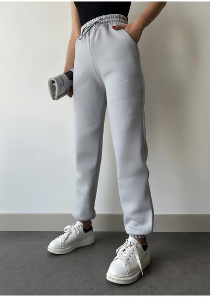 Kadın Gümüş Gri Kışlık Kalın Içi Polarlı Yüksek Bel Paçası Lastikli Basic Jogger Eşofman Altı fırsatları