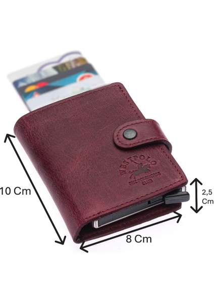 Bozuk Para ve Bol Kart Bölmeli Unisex Eskitme Hakiki Deri Mekanizmalı Kartlık - Bordo