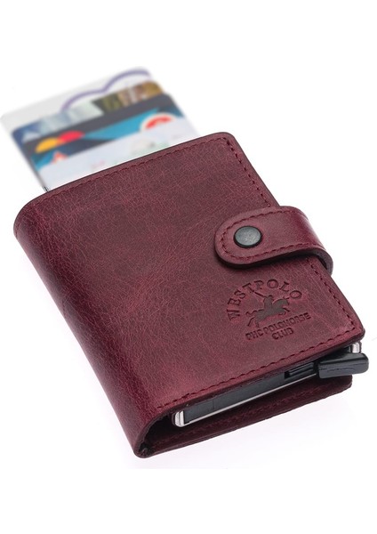 Bozuk Para ve Bol Kart Bölmeli Unisex Eskitme Hakiki Deri Mekanizmalı Kartlık - Bordo fiyatları